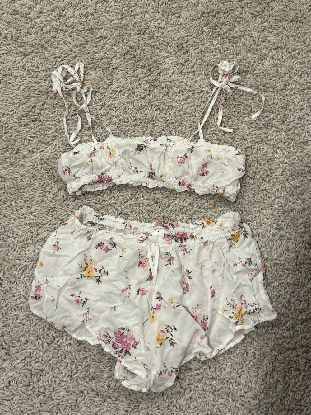Floral ruffle matching lounging set with bralette and shorts